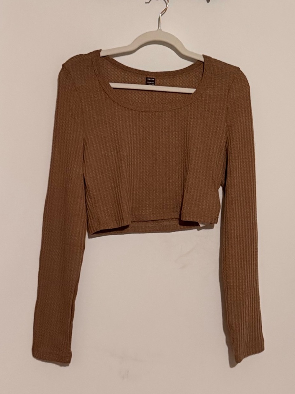 SHEIN Cropped Waffle Knit Long-Sleeve Top in Brown